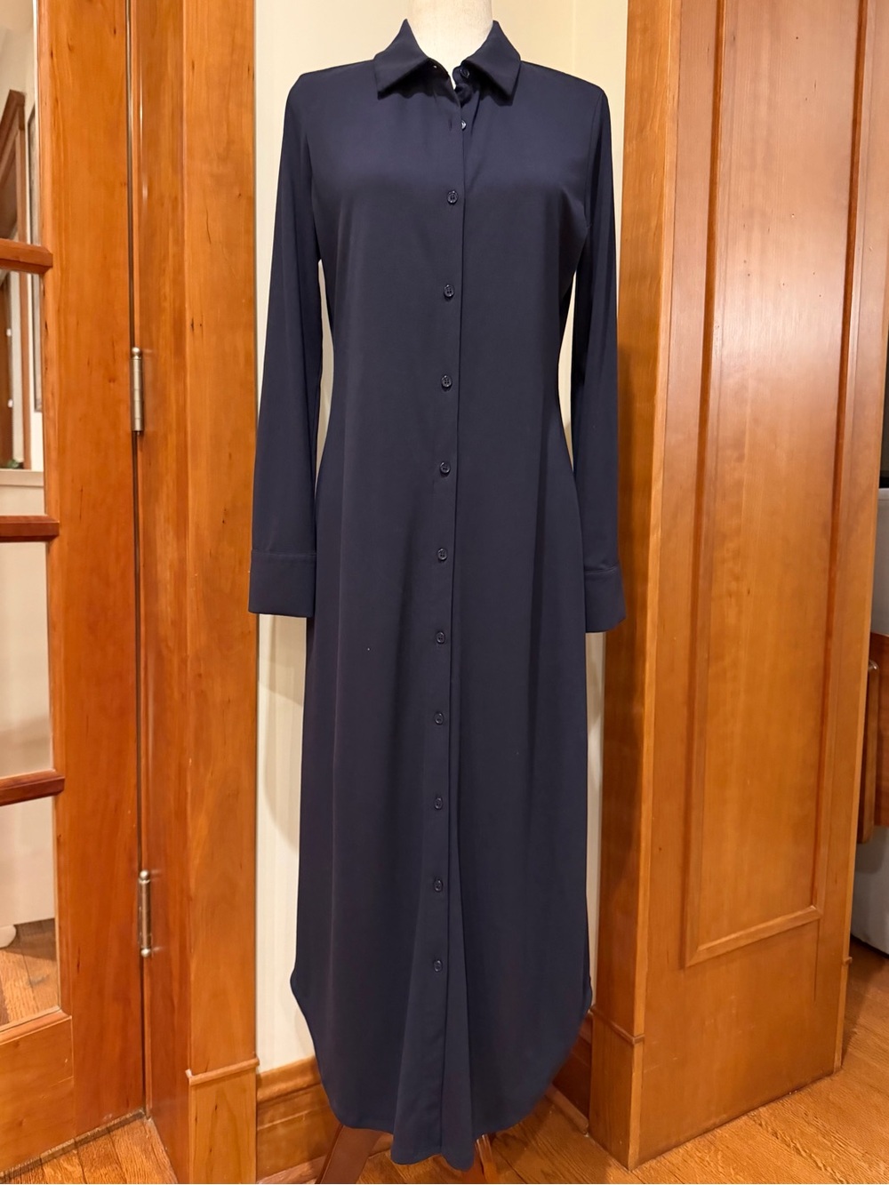 Navy Button-Front Collared Maxi Dress